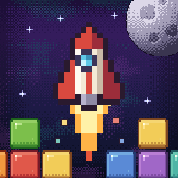 Rocket Plonk app icon: a red pixel-art rocket flying over coloured blocks toward the Moon